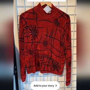 90s Vintage Red Sweater with Black Floral Pattern Soft Poinsetta Cowl Neck
